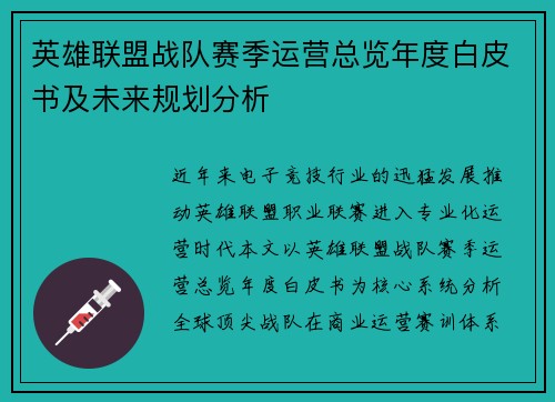 英雄联盟战队赛季运营总览年度白皮书及未来规划分析