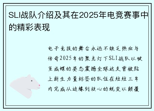 SLI战队介绍及其在2025年电竞赛事中的精彩表现