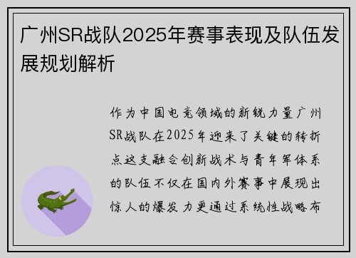 广州SR战队2025年赛事表现及队伍发展规划解析